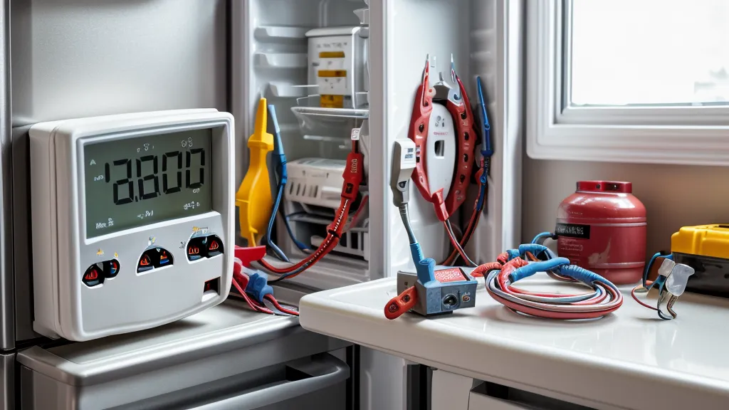Multímetro digital conectado a las terminales del termostato durante la prueba de continuidad de esta reparación de refrigeradores
