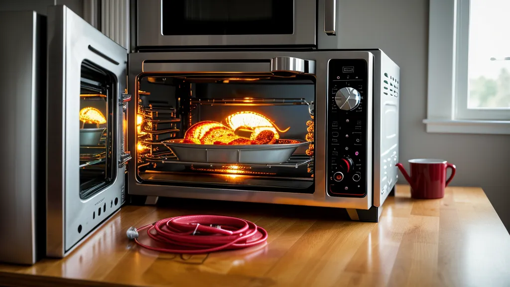 Horno eléctrico abierto mostrando la resistencia de cuarzo quemada durante una reparación casera